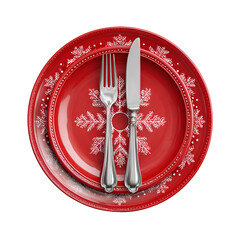 Elegant red plate with silverware and snowflake design
