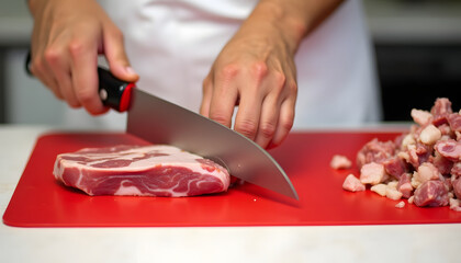 Chef carefully slicing a raw steak on a red cutting board in the kitchen