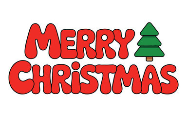 A festive merry christmas greeting with red bubble letters and a green christmas tree decoration on white