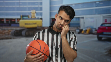 Young hispanic man holding basketball at a construction site in referee outfit pensive expression...