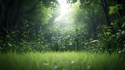Sunlight streaming through lush green forest canopy and grassy ground