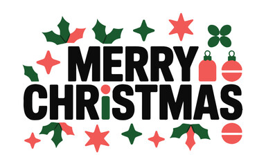 A festive merry christmas text design with holly leaves and star decorations on a white backdrop