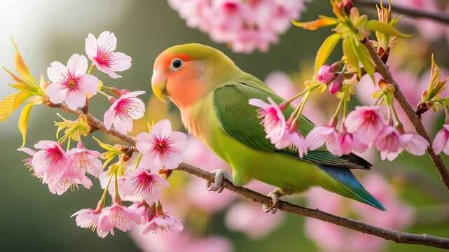 Peach faced lovebird perched among pink cherry blossoms