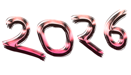 The year 2026 is depicted in a shiny, metallic style with a pink gradient, isolated on transparent background, suggesting a futuristic or celebratory theme