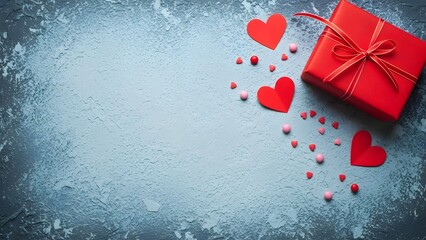 Red gift box with hearts on textured background for valentine s day