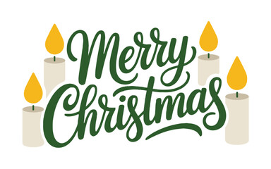 Merry christmas text with four lit candles on a white background holiday season greeting card design