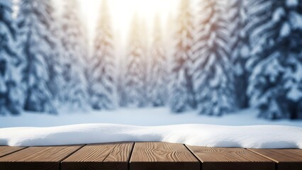 Winter wood table with snow and blurred forest background