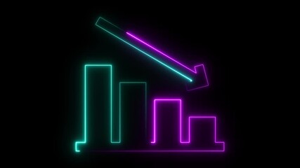 Glowing neon business graph arrow down animation. report presentation growth bar chart line finance marketing success profit arrow on black background - Powered by Adobe