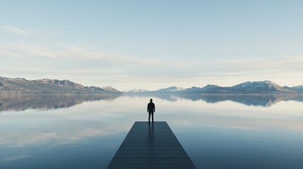 A calm morning on a dock overlooking a peaceful lake