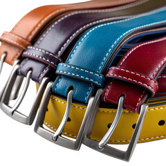 Colorful leather belts with silver buckles in a row