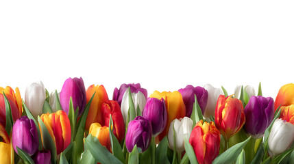 Vibrant bouquet of colorful tulips against a stark black background