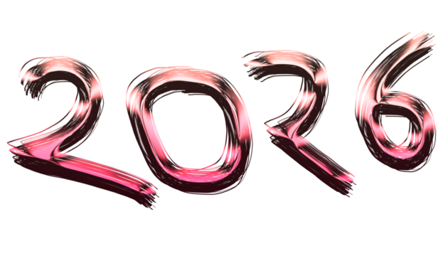 The year 2026 is depicted in a shiny, metallic style with a pink gradient, isolated on transparent background, suggesting a futuristic or celebratory theme
