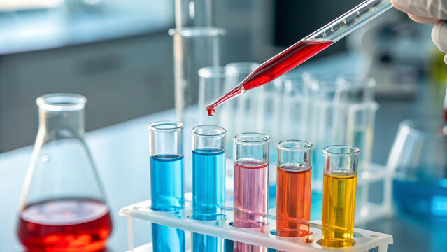 Lab technician uses pipette and test tubes with colorful fluid - Powered by Adobe