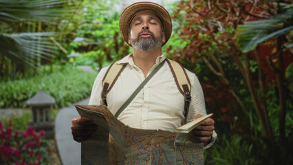 Man holding a paper map with both hands, smiling with eyes closed on a park path, wearing backpack and travel hat; serenity travel exploration.