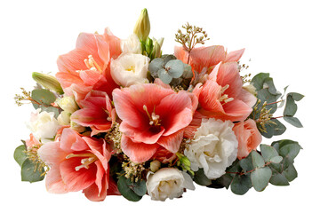Beautiful bouquet of pink and white tulips with eucalyptus leaves