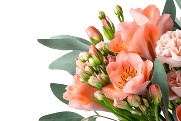 Beautiful bouquet of peach and pink flowers with eucalyptus leaves on black background