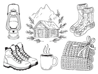 Hand drawn black and white illustration of winter cabin cozy items and mountain scene log cabin mountains