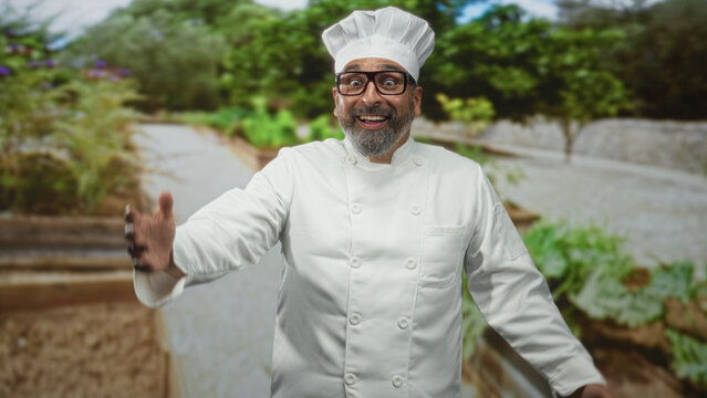 Man chef smiling in white uniform and chef hat in forest park setting; community cooking contentment.