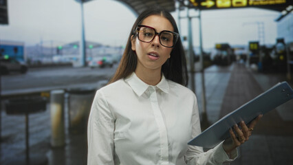 Young woman holding clipboard and reading papers at an airport terminal, wearing glasses and a...