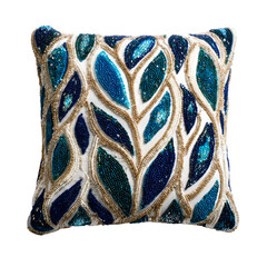 Decorative throw pillow with intricate leaf pattern in blue and green tones