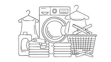 Laundry day line art illustration with washing machine clothes basket and detergent clothes pegs
