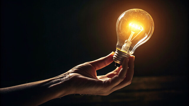 Hand holding glowing light bulb with light on the dark background