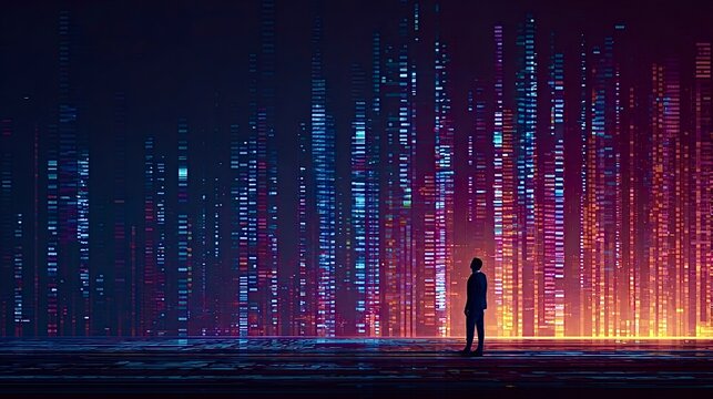 Man observing big data stream with digital technology