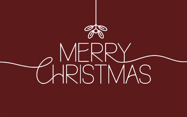 Minimalist merry christmas design with mistletoe on a maroon background in a simple line art style