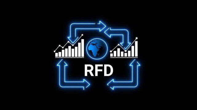 Neon Arrows Cycle Around Globe and Bar Charts with RFD Text on Black Background request for data request