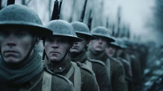 Rigid warriors in formation amid cold dawn and trench shadows