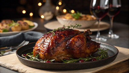 Roasted chicken on plate prepared for holiday dinner celebration