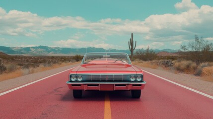 A classic convertible driving down an open highway surrounded by desert landscape