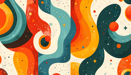 Playful retro shapes create happy, colorful design with seamless patterns evokes joyful, festive mood
