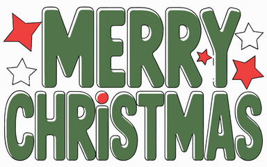 A festive merry christmas design with green letters and red and white stars on a white background