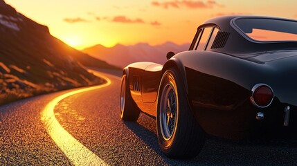 A classic sports car driving on a winding mountain road under a golden sunset