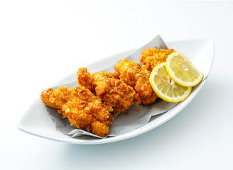 Golden fried chicken tenders served with lemon slices present fresh culinary delight. Ideal for restaurant menus and promoting tasty food experiences.