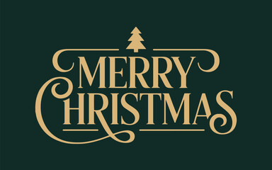 Elegant gold merry christmas text with christmas tree on a dark green background design element