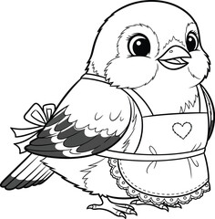 Cute Cartoon Bird Wearing an Apron with a Heart Design - Black and White Outline