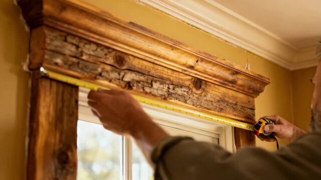 Craftsman carefully measures and installs natural wooden window trim highlighting precision and rustic texture for a warm classic interior finish.