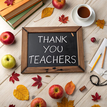 Thank you teachers chalkboard surrounded by apples and autumn leaves
