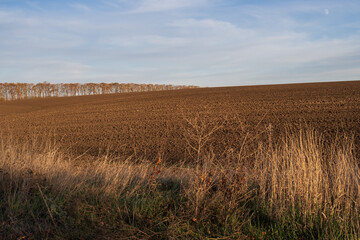 Peaceful rural landscape featuring a wide plowed field, dry golden hills and gentle evening light across the countryside.