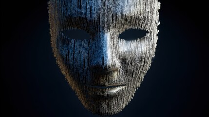 A metallic human face mask constructed from digital binary code illuminated