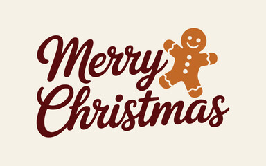 Merry christmas text with gingerbread man cookie on a light beige background illustration image