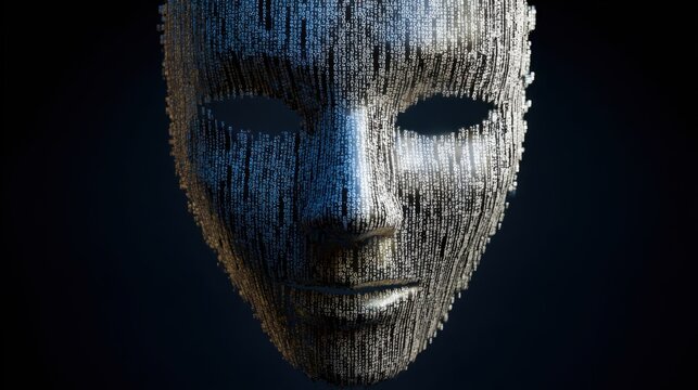 A metallic human face mask constructed from digital binary code illuminated