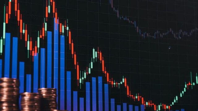 Financial graph with red downward arrow showing market collapse and candlestick chart for business economic crisis concept