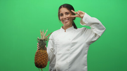 Woman chef in white coat holds pineapple while showing peace sign with fingers in studio; tropical...