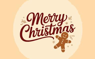 Merry christmas greeting card with gingerbread man and decorative elements on a cream background