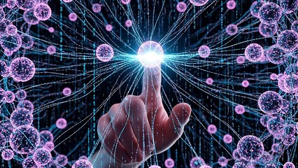 Finger touching a glowing sphere in a network of interconnected nodes