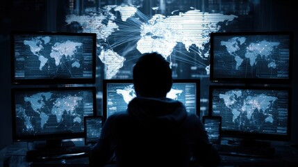 Person in silhouette facing multiple screens displaying global network maps data streams and world maps