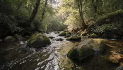 Obraz premium A flowing, moss-covered river meanders through a sunlit forest, with natural light